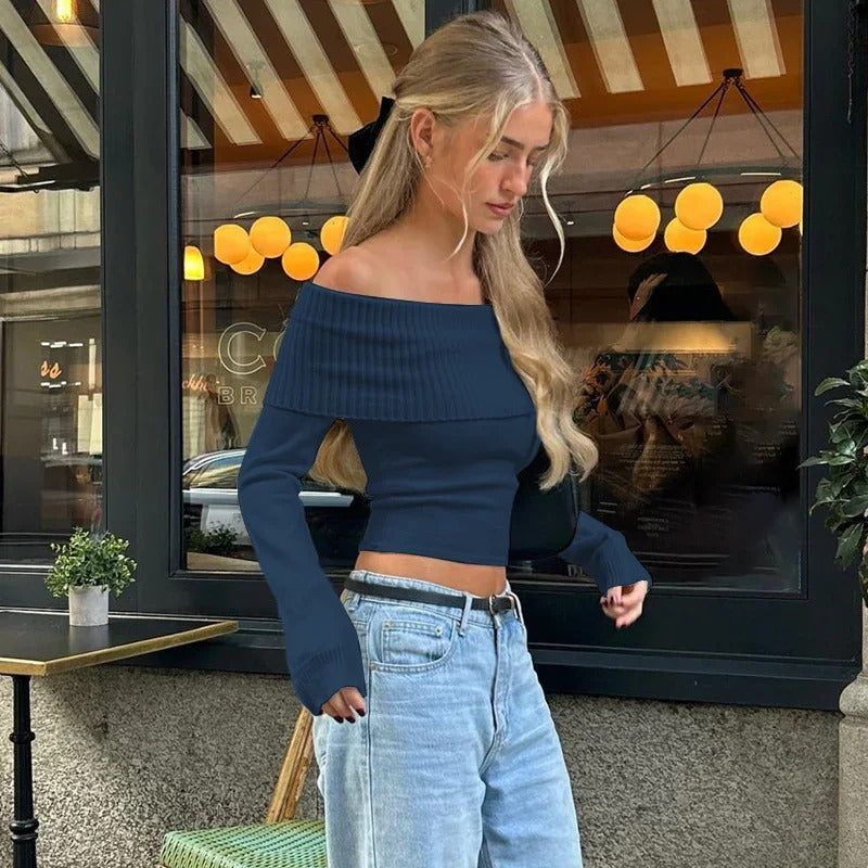 WhereMery Elegant Slash-neck Ribbed Solid Crop Tops Autumn Skinny Off Shoulder Long Sleeve T Shirt French Gentle Tight T-shirts