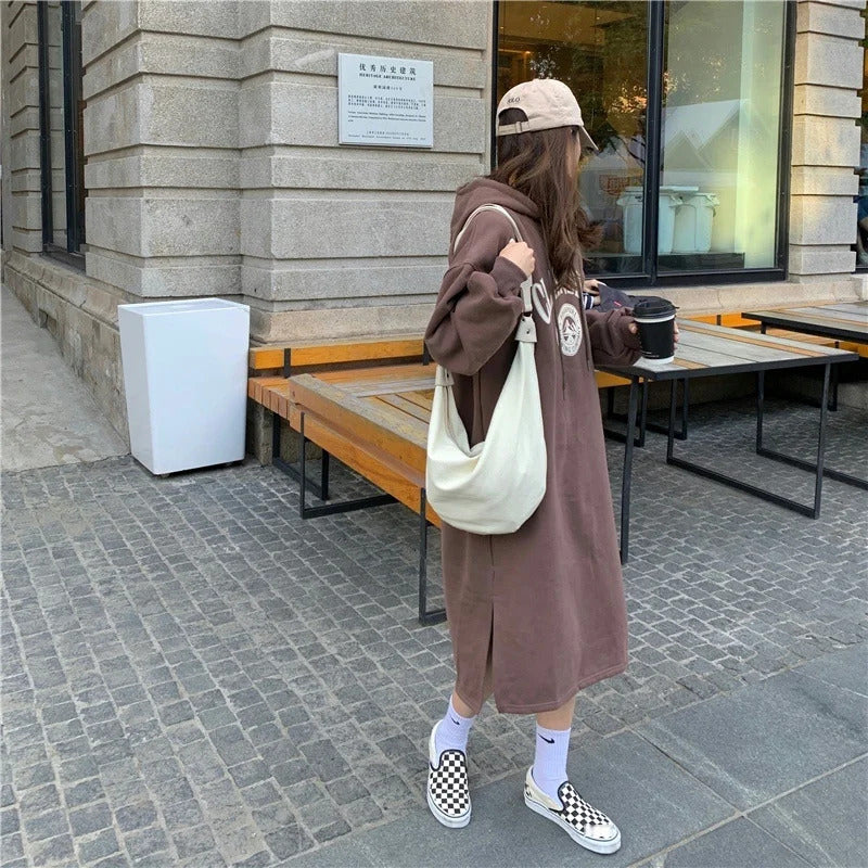 Long Hood Sweater Dress Women Autumn and Winter Fleece-lined Thickened Pullover Small Loose Mid-Length over-the-Knee Dress