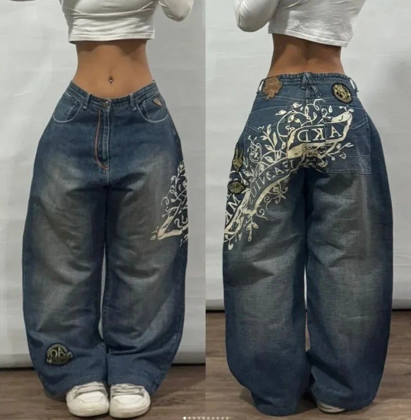 2024 New American Trend Retro Hip-hop Embroidery Pattern Baggy Jeans For Men And Women Y2K Harajuku Gothic Wide Pants Streetwear