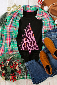 Black Leopard Christmas Tree Print Pullover Sweatshirt