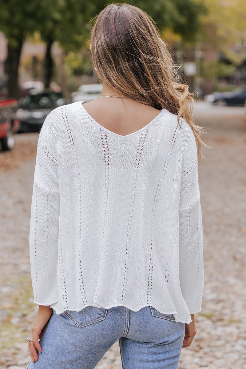 White Hollowed Detail Knitted Loose V Neck Sweater