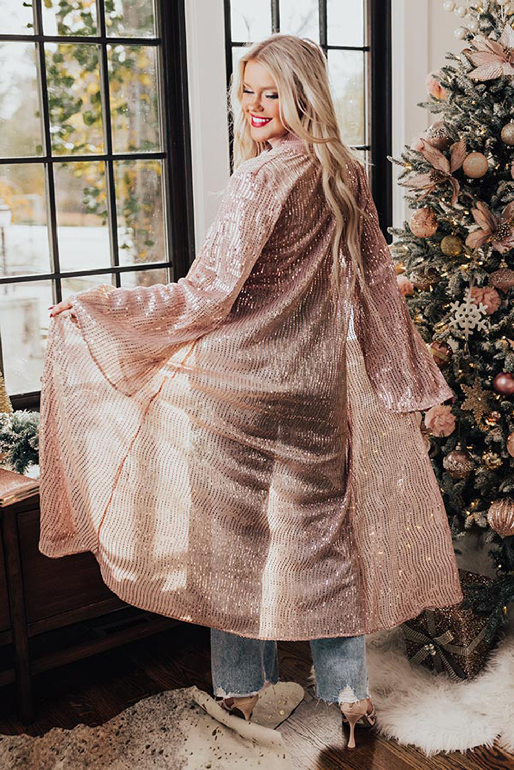 Rose Tan Open Front Long Sequin Kimono