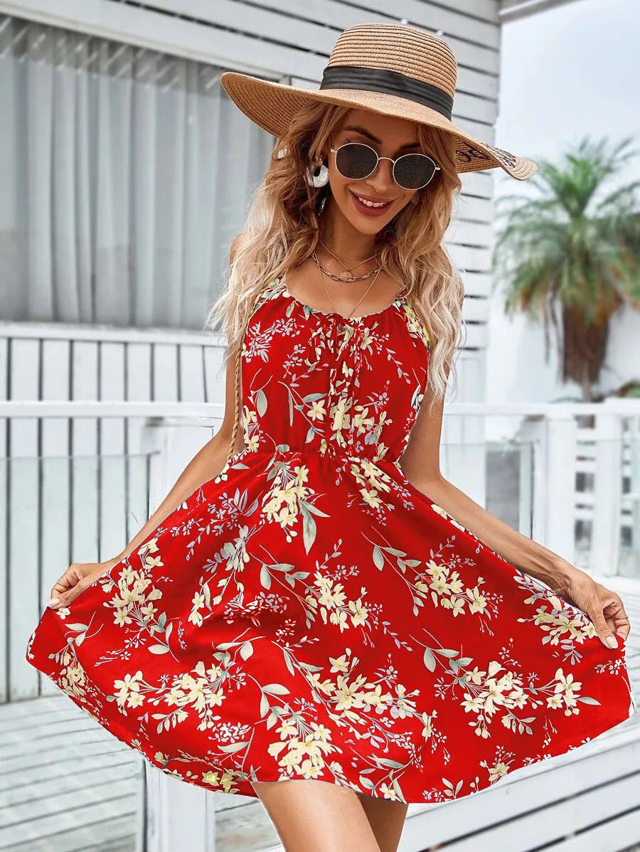 Sexy Floral Print Short Dress Women Summer Fashion Black Backless Beach Sundress Casual Sleeveless Lace-up New In Dresses 2024