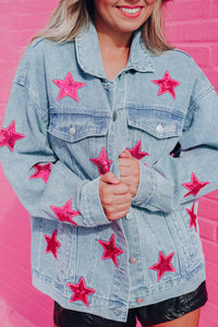 Light Blue Sequin Star Flap Pocket Denim Jacket