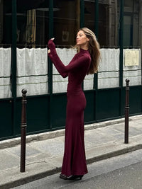 Lady Elegant Burgundy Mock Turtleneck Solid Maxi Dresses Fashion Long Sleeve Slim Hem Party Midi Robe Autumn Evening Dress Women