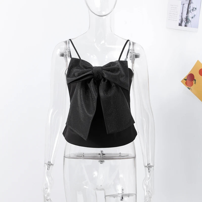 Sweet Sequined Bow Women Sling Top Sexy Sleeveless Backless Pleated Zippers Female Tank Tops 2025 Spring Lady Streetwear