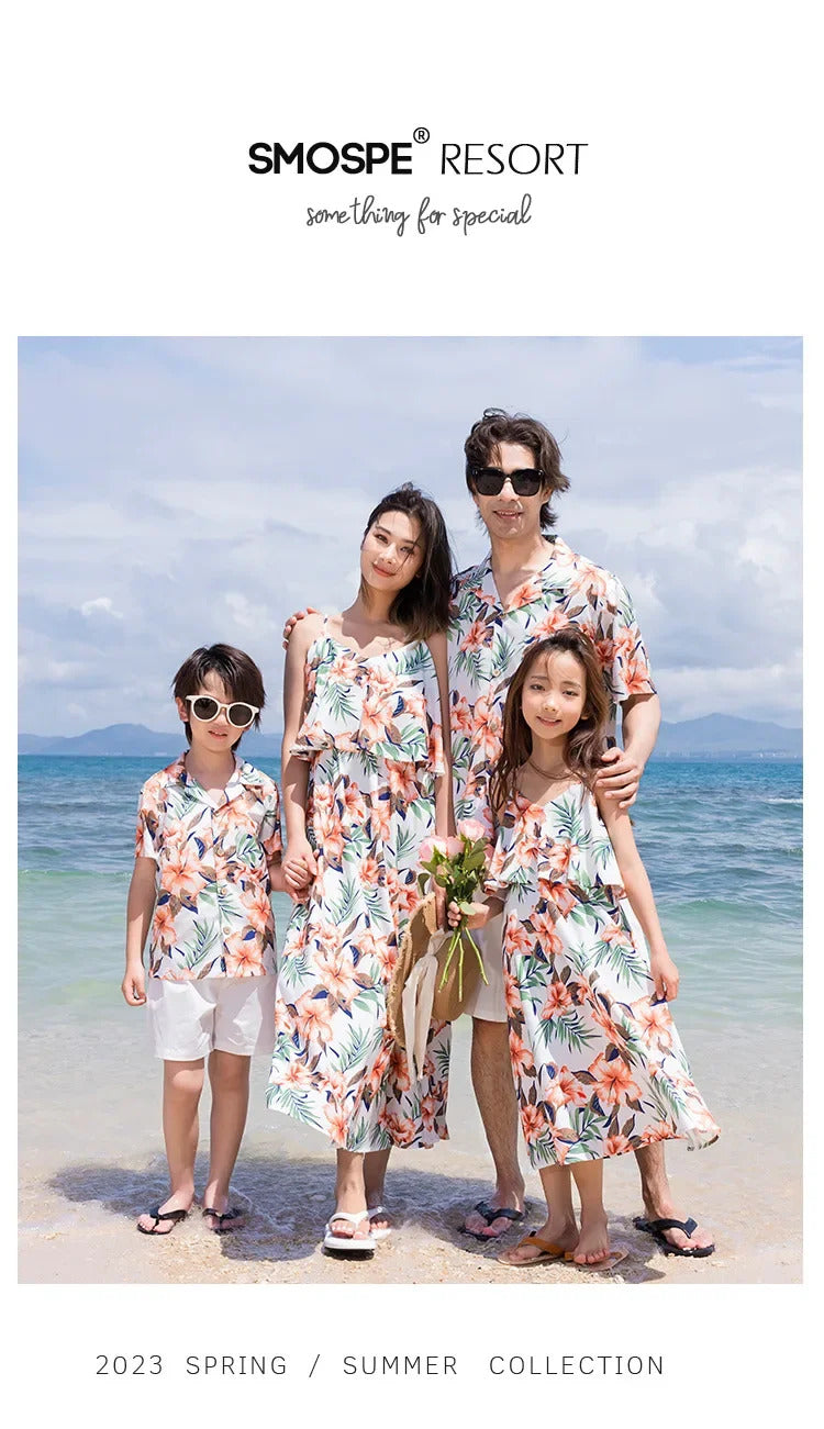 Family Look Vacation Beach Clothing Mom Daughter Sleeveless Dress Dad Son Matching Floral Shirt Set Parent Child Holiday Clothes