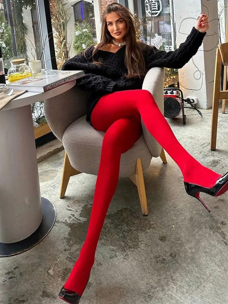 Trendix New Red Stockings Women Bodycon Super Elastic See Through Lace Pantyhose Autumn Sexy Slim Elegant Burgundy Tights Winter