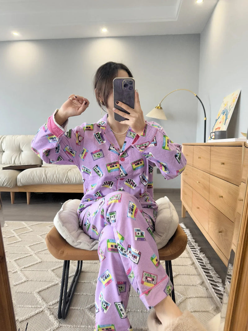 100% Cotton Pajamas for Women Loose Cartoon Long Sleeve Pants Loungewear Women 2 Piece Set Pj Women Outfit Sleepwear Set Pijamas