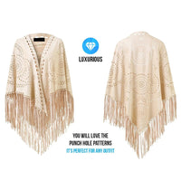 Women's Loose Suede Fringe Open Poncho Cloak Shawl Wrap with Punch Hole Patterns and Graceful Fringes Dropshipping