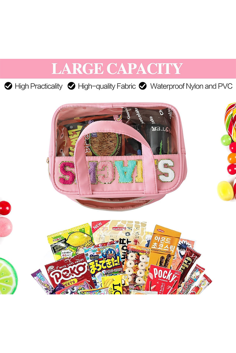 Pink SNACKS Clear PVC Double Layered Portable Bag