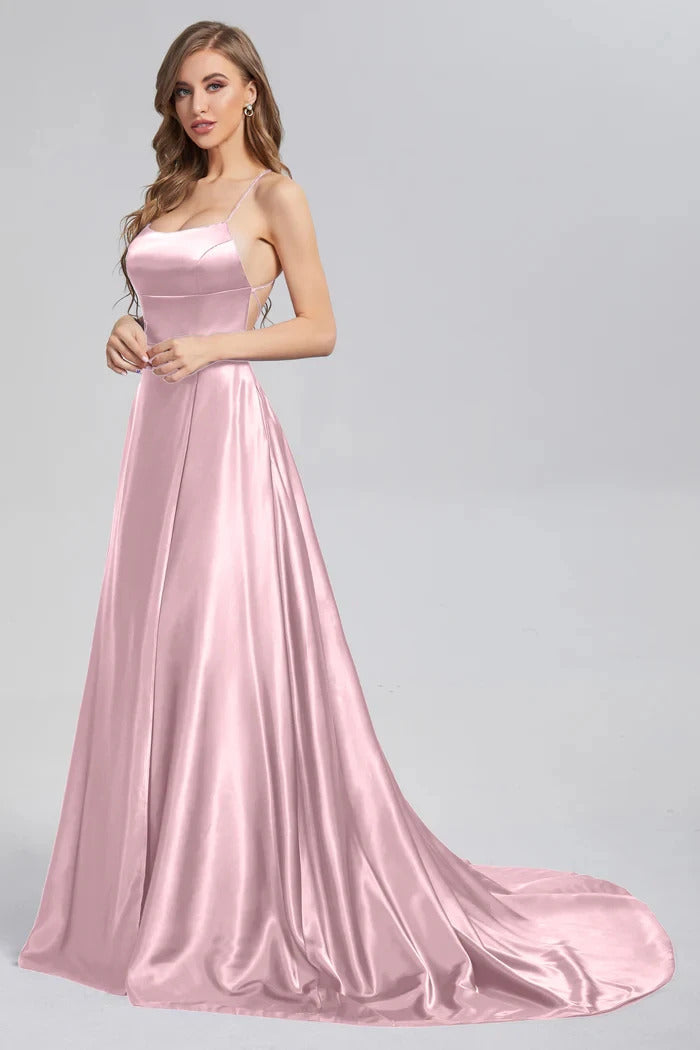 FATAPAESE Prom Dress Spandex satin Slit Side Dress A-LINE Scoop Stretch Slip Satin High Split Long Simple Evening Party