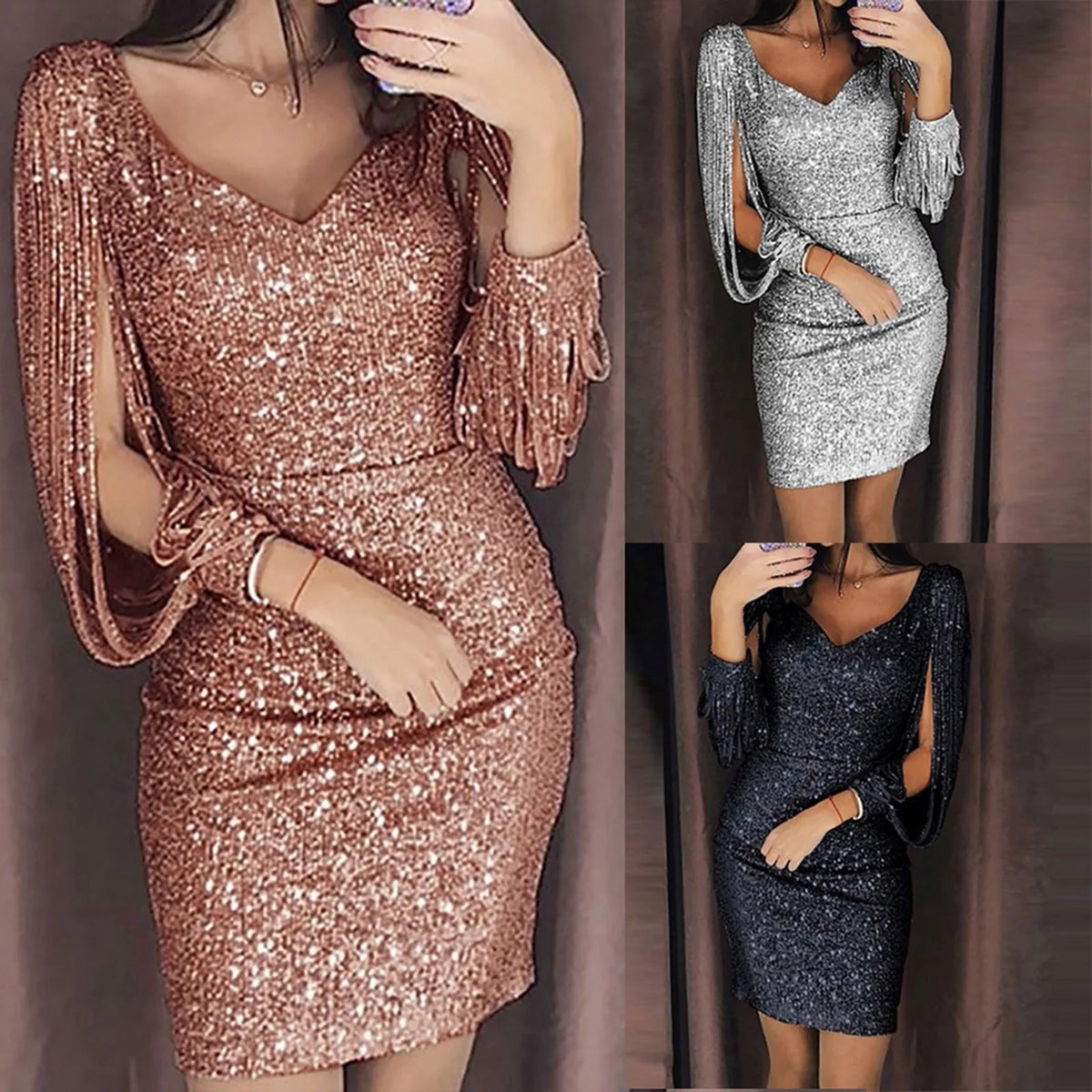 2024 New Silver Sequin Skinny Dress Women Sexy Tassel Sleeves V Neck Club Mini Dress Elegant Ladies Bodycon Pencil Party Vestido