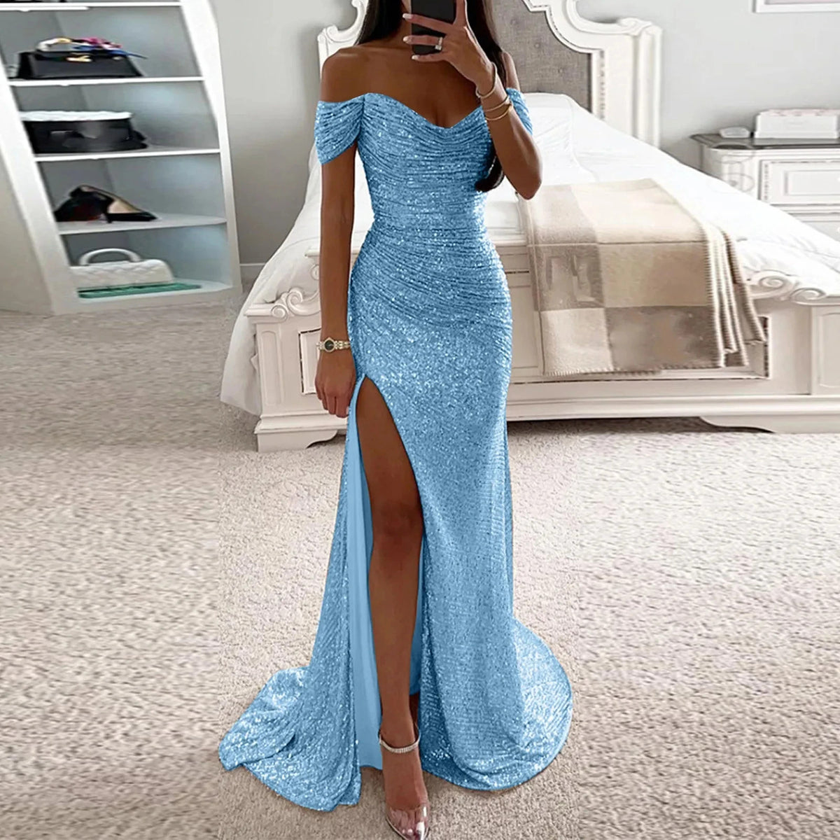 Women Mermaid Champagne Evening Maxi Dresses 2024 Elegant Off-Shoulder Sequin Split Prom Formal Gowns For Party Customized