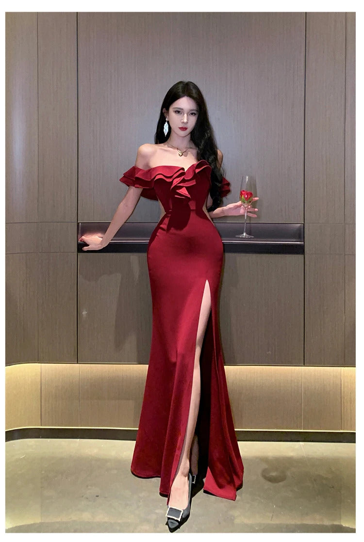 Sexy Bodycon Long Dresses for Women Wedding Evening Party Prom Robe Ruffles Slash Neck High Split Hollow Out Summer New Vestido