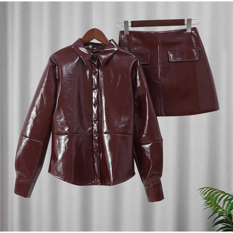 2024 Chic Burgundy Pu Leather Women's Mini Skirt Set Retro Slim Fit Lapel Single-breasted Jacket Suit Female High Street Outfits