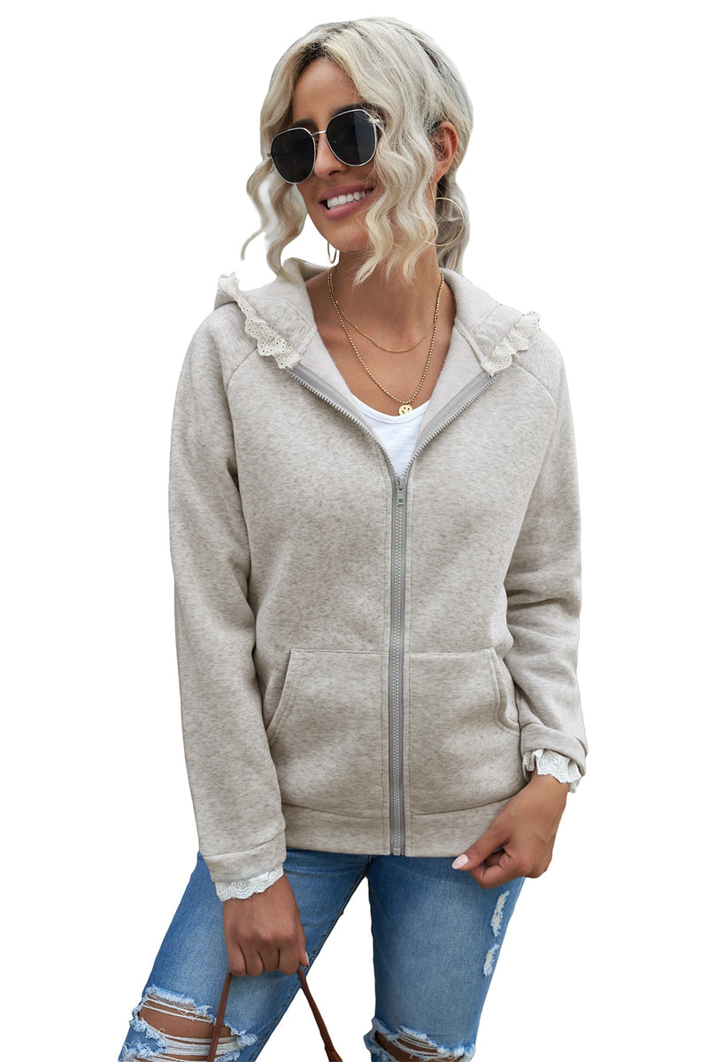 Gray Zip-up Lace Trim Hooded Coat