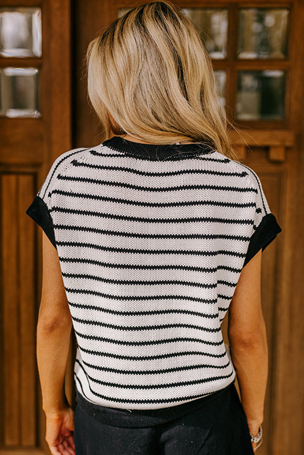 Black Stripe Loose Knit Short Sleeve Sweater