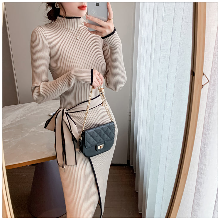 Women Knitted Dress New Autumn Winter Slim Lace-Up Long Sleeve Bottoming Sweater Skirt Elegant Fashion Office Female Vestidos