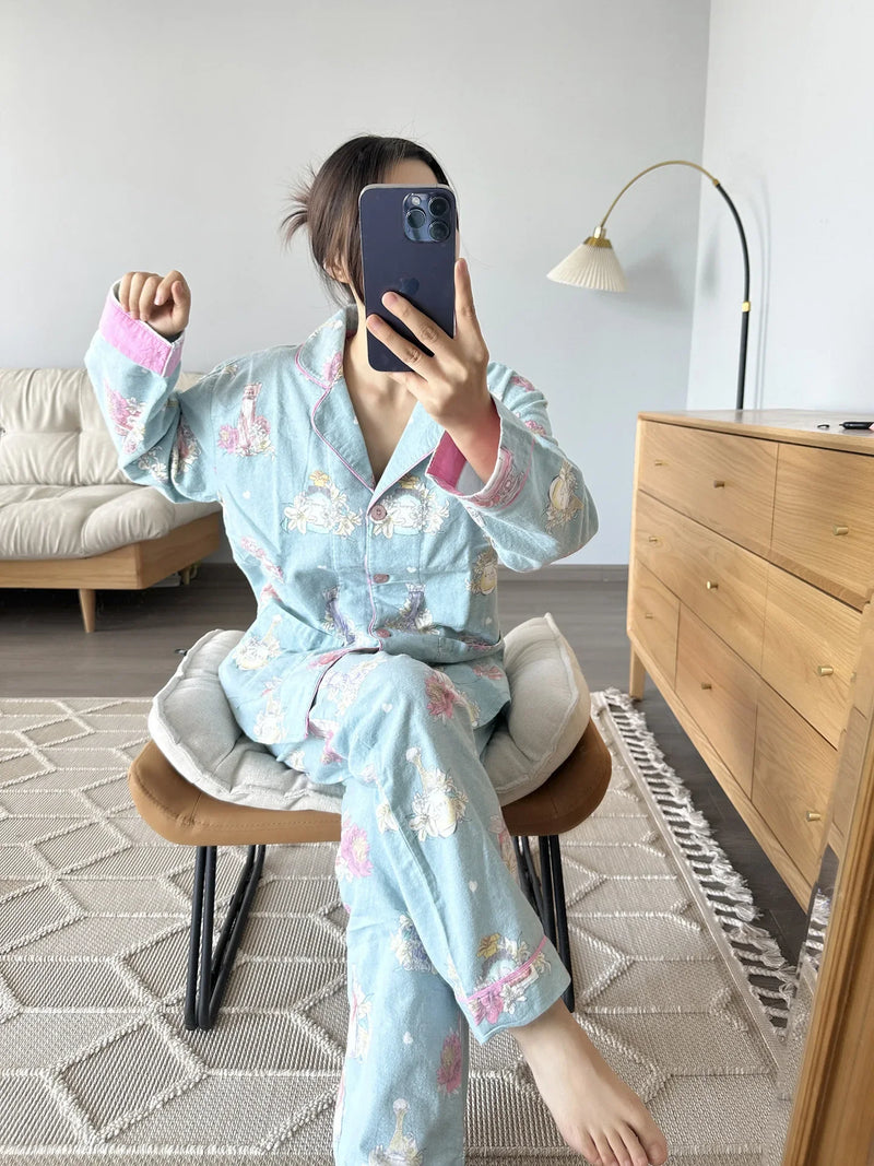 100% Cotton Pajamas for Women Loose Cartoon Long Sleeve Pants Loungewear Women 2 Piece Set Pj Women Outfit Sleepwear Set Pijamas