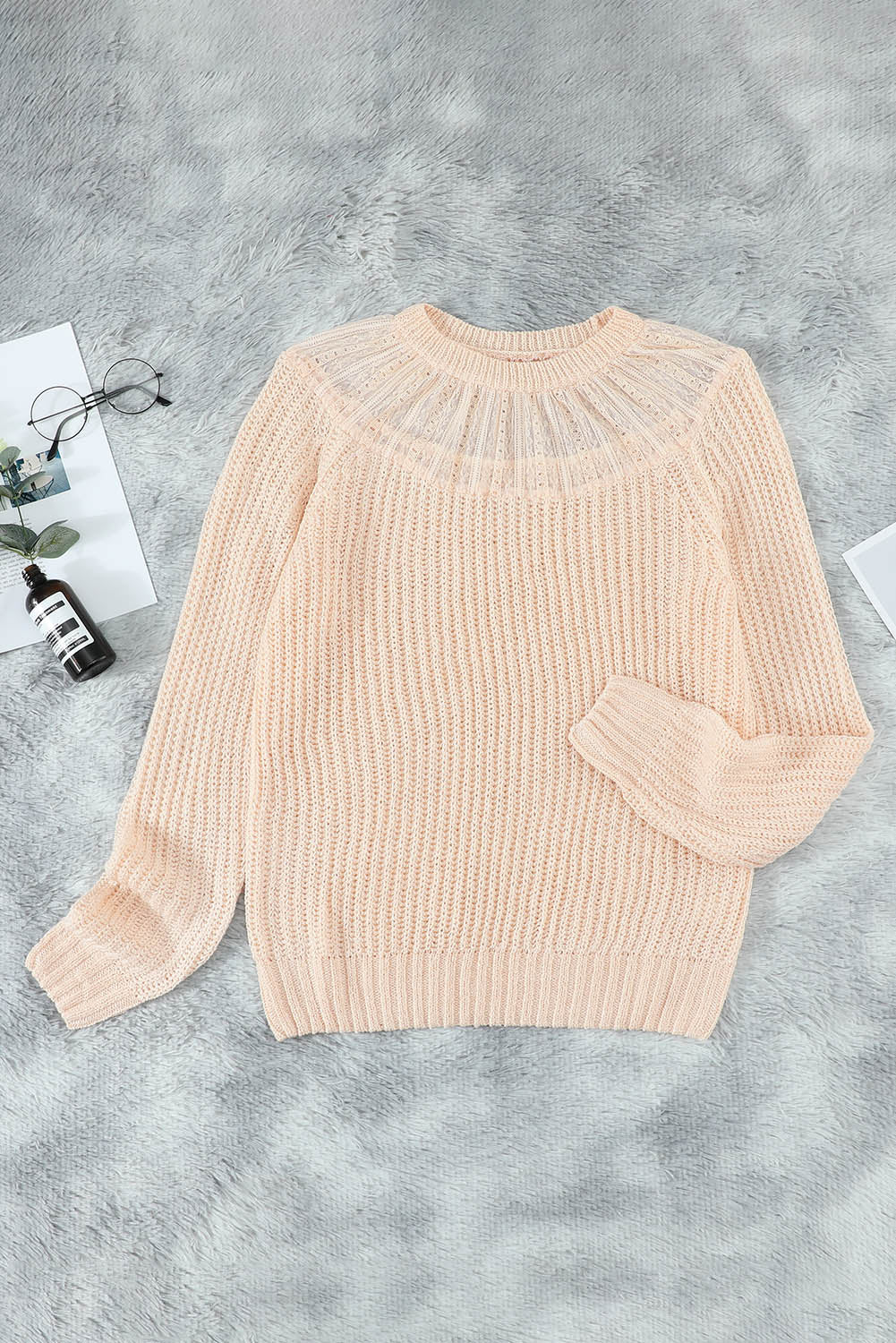 Gray Round Neck Lace Splicing Knitted Sweater