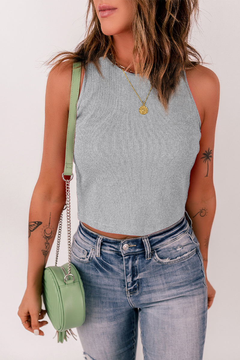 White Rib Knit Crew Neck Sleeveless Crop Top