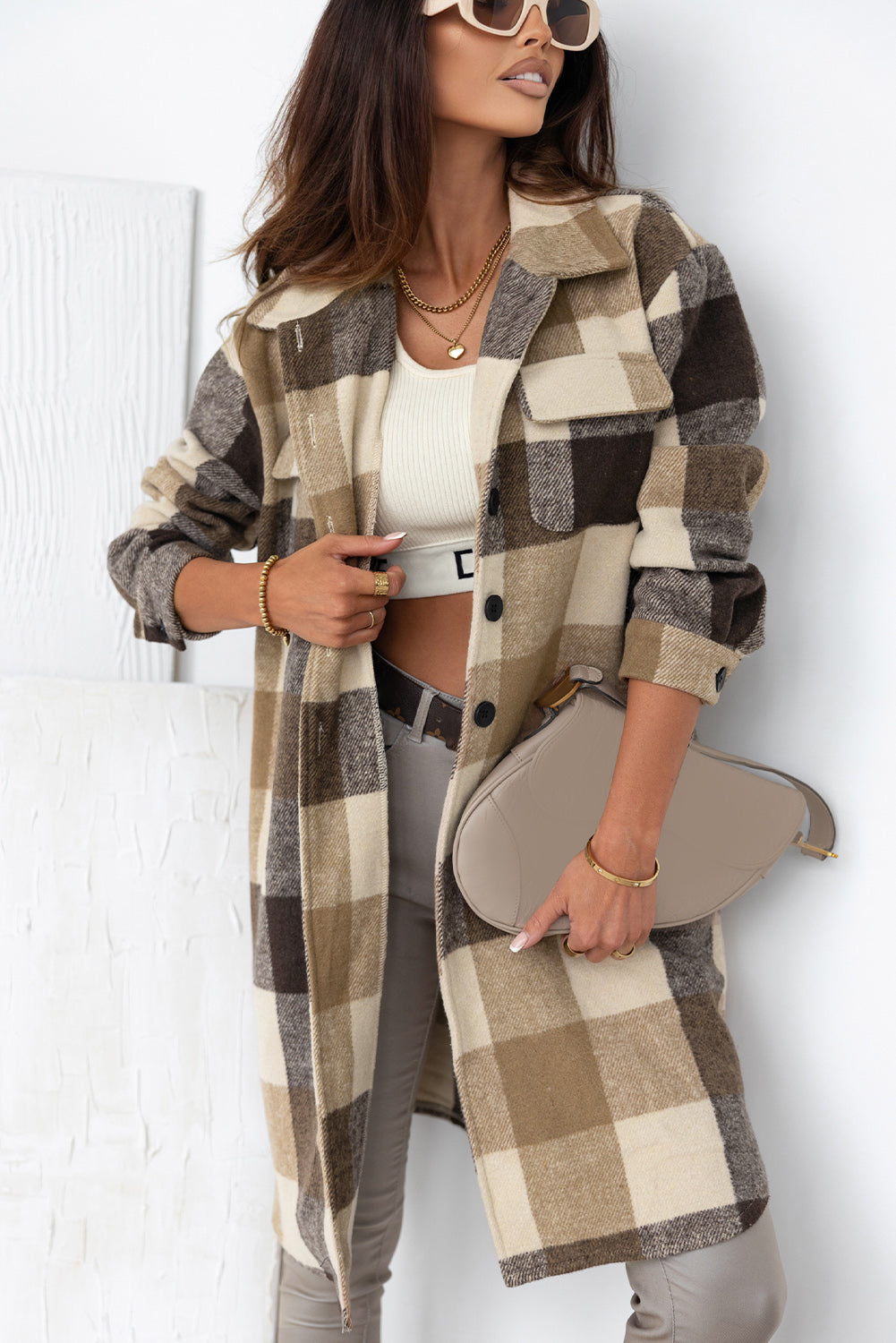 Chestnut Plaid Button-Down Flap Pocket Long Shacket