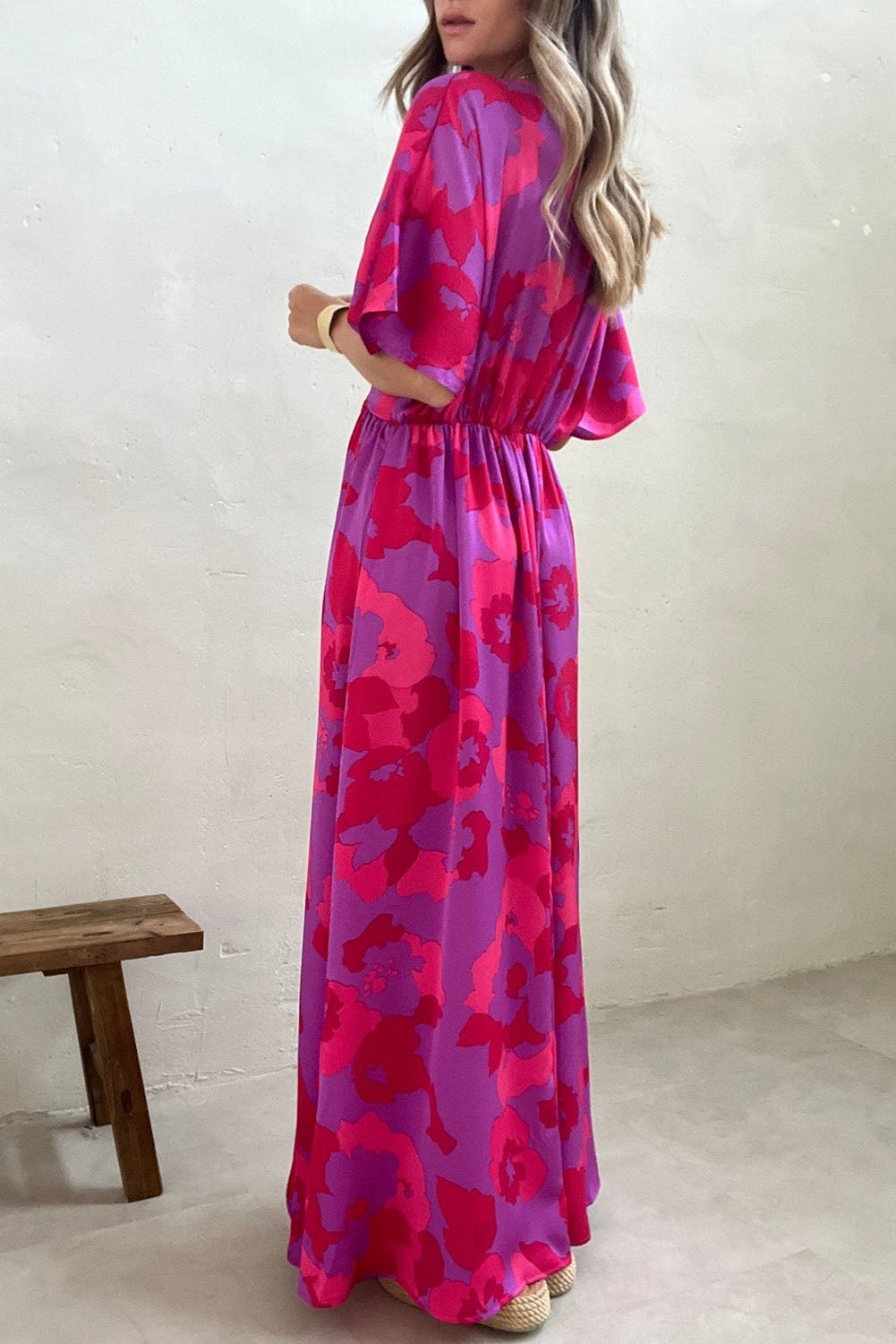 Abstract Floral Print V Neck Dolman Maxi Dress