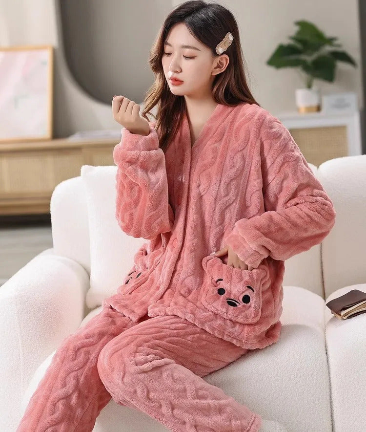 Thickened Warm Coral Velvet Pajamas Women's Autumn and Winter Padded Cartoon Bear Striped Flannel School Pajamas Winter Homewear