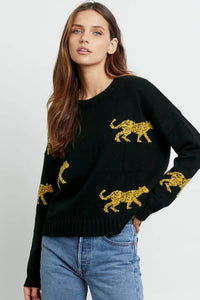 Black Cheetah Pattern Knit Round Neck Sweater