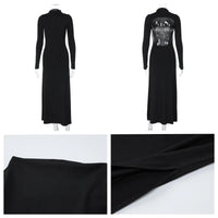 Women Black Solid Casual High Slit Long Sleeve Backless Maxi Dress Sexy Bodycon Half High Neck Streetwear Female Long Dresses