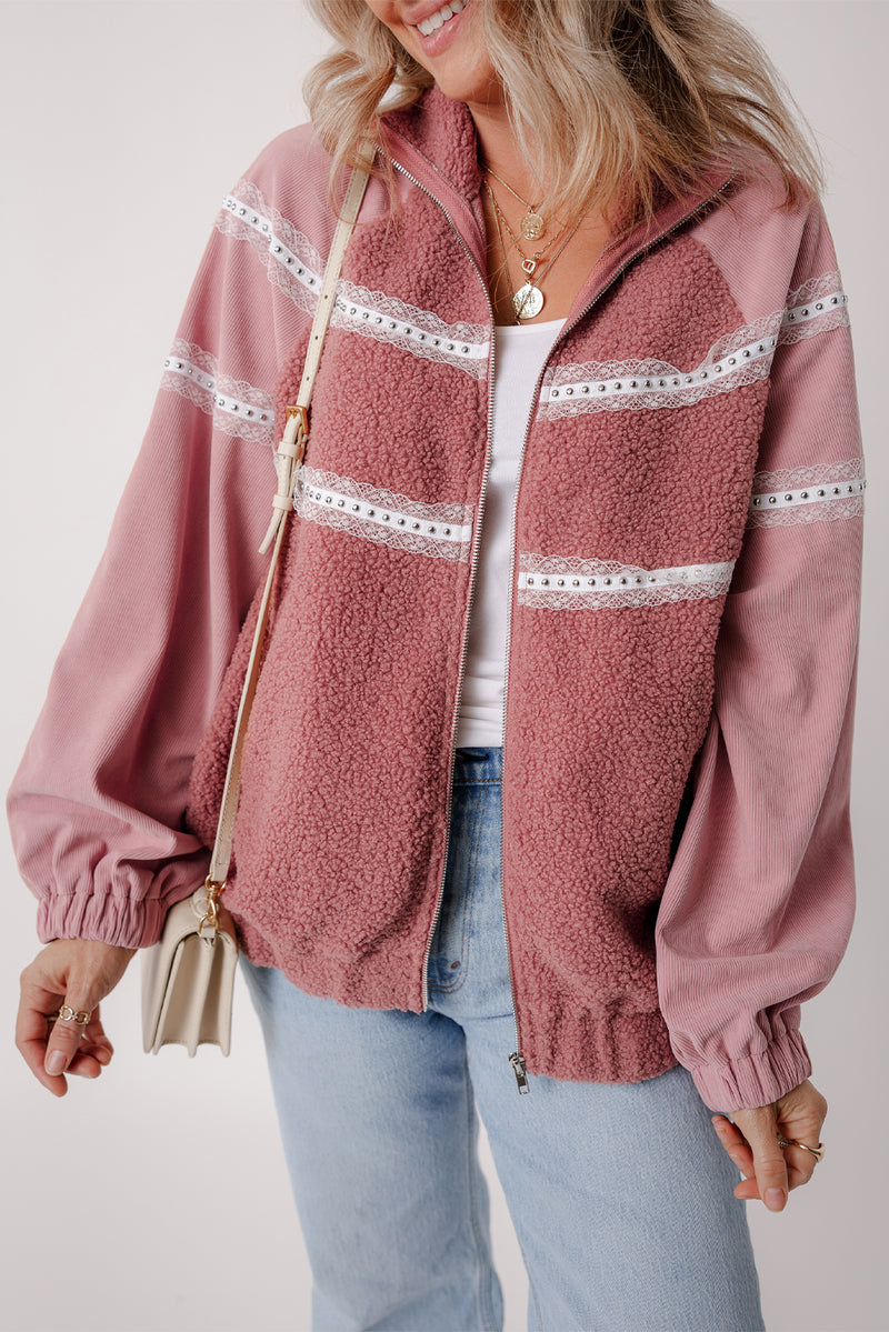 Rose Pink Sherpa Patchwork Lace Elastic Cuff Zip Up Jacket