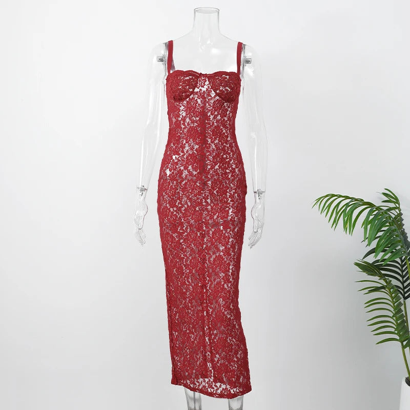 Women Chic Burgundy Lace Back Slit Maxi Dress Sexy Skinny Square Neck Backless Sling Robe 2024 New Lady Elegant Cocktail Dresses