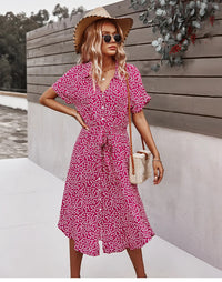 Summer Women Floral Print Dress Casual Short Sleeve Button Holiday Midi Dresses Female V-Neck Beach Boho Chic Dress Elegant Robe