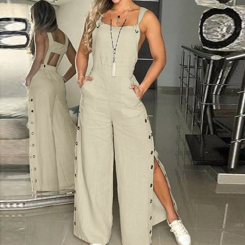 Summer Fashion Womens Sleeveless Jumpsuit Rompers Ladies Solid Wide Leg Button Openings Long Trousers Suspenders Overalls Pocket