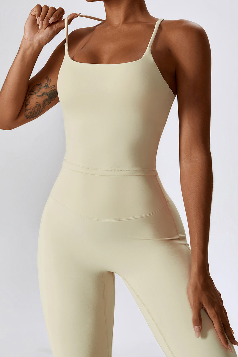 Apricot Spaghetti Straps Tank and Flare Leggings Fitness Set