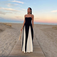 Sexy Women Contrasting Patchwork Sling Dress Elegant Slim Sleeveless Maxi Vestidos 2024 Summer Female Evening Party Robes