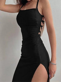 Sexy Black Long Bodycon Dress Women Summer Sleeveless Blackless Halter Neck Spaghetti Strap Dresses High Split Vestidos