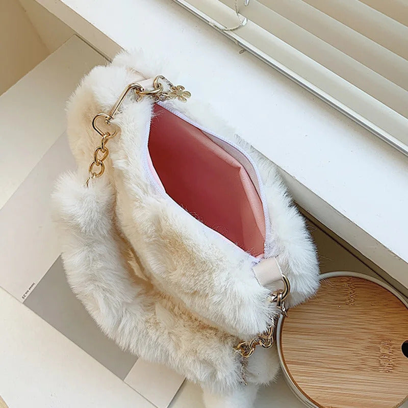 Faux Fur Heart-shaped Women Small Handbags Fluffy Plush Ladies Chain Shoulder Bag Fashion Female Furry Daily Clutch Purse