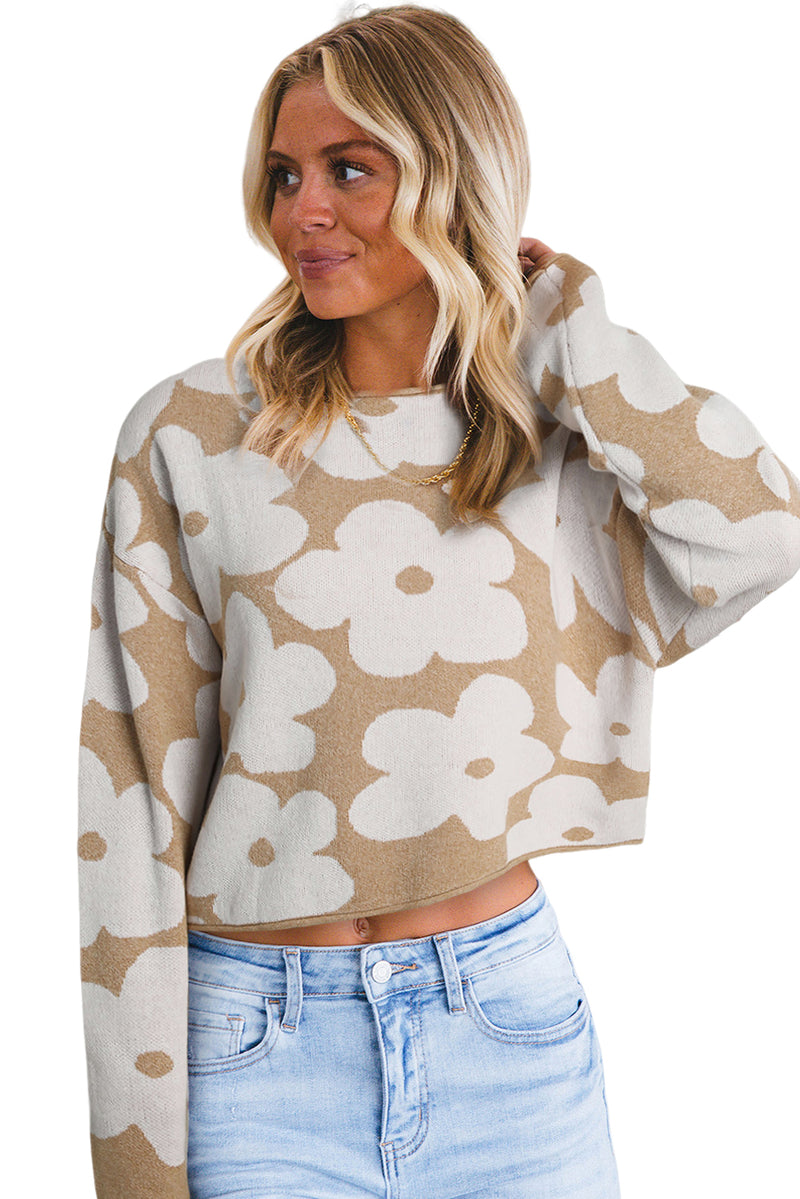 Light French Beige Flower Pattern Cropped Sweater