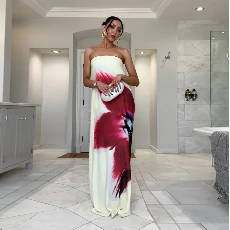 2025 Women Summer New Floral Printed Strapless Loose Dresses Casual Off Shoulder Sleeveless Maxi Dress Lady Vacation Beach Robes