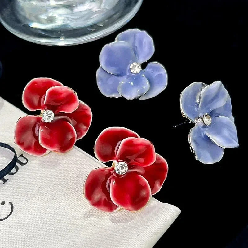 LATS Red Blue Enamel Flower Stud Earrings for Women Korean Fashion Five Petals Crystal Flowered Lovely Cute Girls Ear Decoration