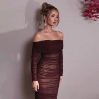 Mozision Off-shoulder Long Sleeve Sexy Maxi Dress For Women Autumn New Strapless Backless Bodycon Ruched Party Long Dress