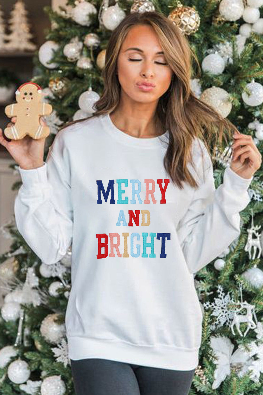 White MERRY AND BRIGHT Stitching Graphic Sweatshirt