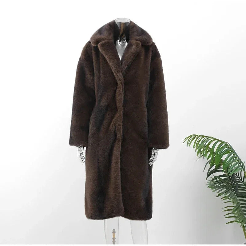 Dark Brown Faux Fur Long Overcoat For Women Fashion Lapel Single Breasted Loose Fluffy Plush Warm Coat Winter Thicken Outerwear