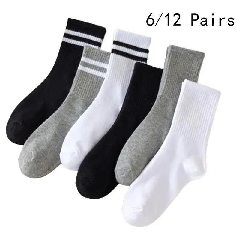 6/12 Pairs Women Mid Socks Solid Color Breathable Comfortable In Autumn Winter Sweat Absorbing High-Quality Casual Socks Sports