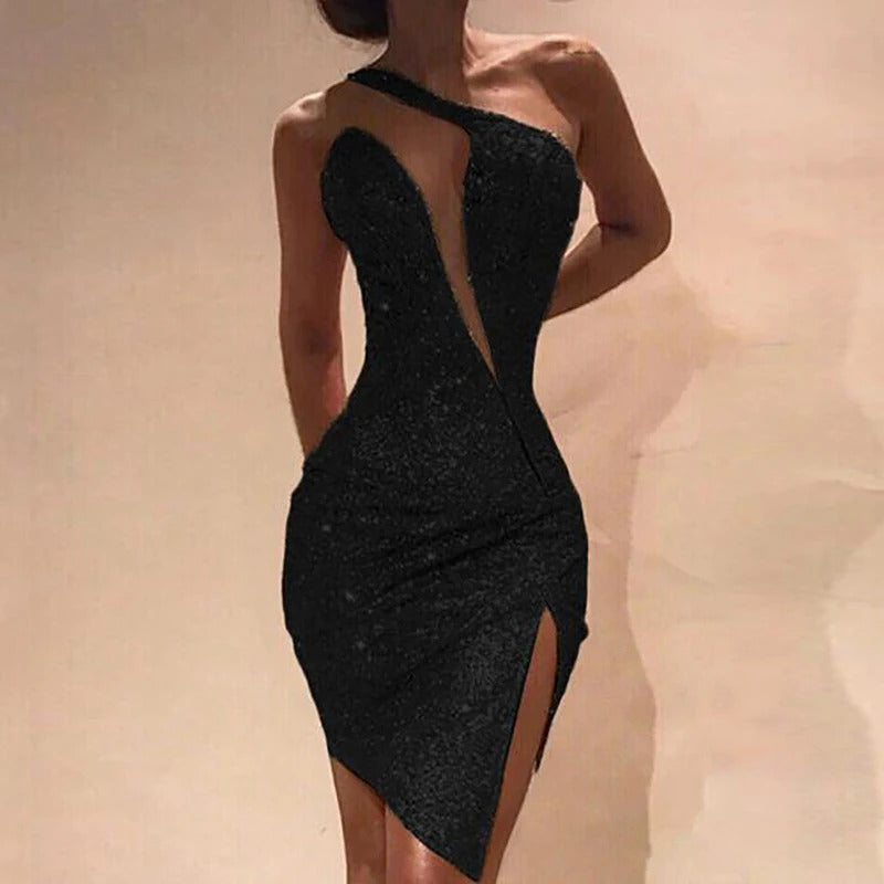 Elegant Ladies Sleeveless Irregular Designer Dress Sexy Slant Neck Sequin Hip Wrap Dress Fashion One Shoulder Slim Split Dresses