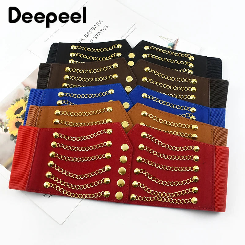 Deepeel 64cm PUNK Women's Corset Wide Belt Woman Cummerbunds Elastic Belts Chain Rivet Waistband Female Dress Coat Accessories