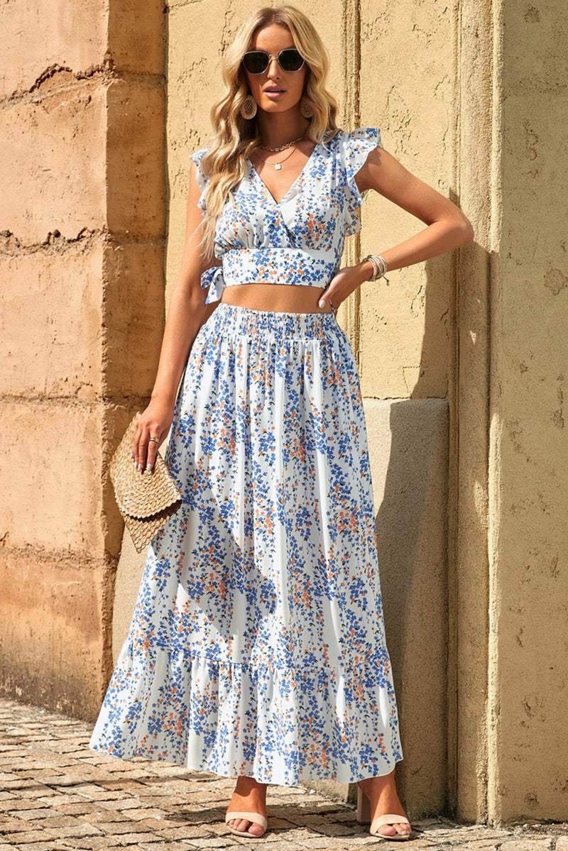 Women's Floral Ruffled Crop Top and Maxi Skirt Set for Fashionable and Fresh Style