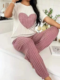 Women's new style pajamas set heart pattern short sleeve shirt trousers two-piece simple and lovely casual home wear